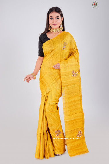 Hema Floral Motiff Yellow Ghicha Tussar